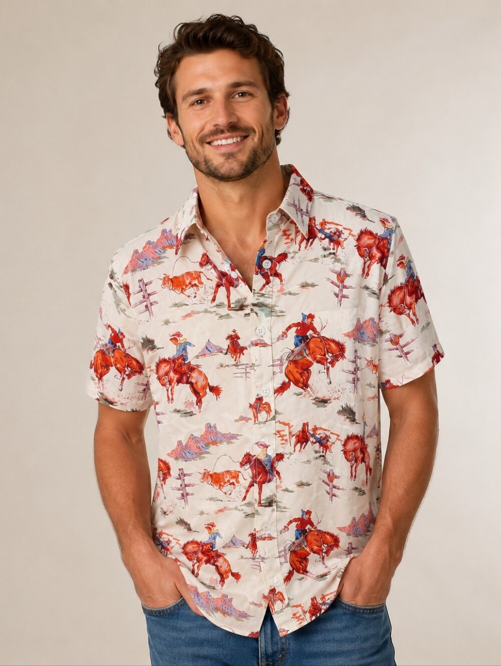 Men’s Western Cowboy Rodeo Print Shirt Large Retro Button Up